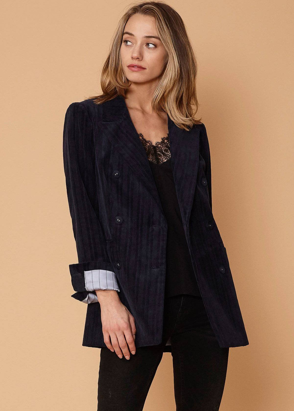 Women s Corduroy Double Breasted Blazer in Midnight