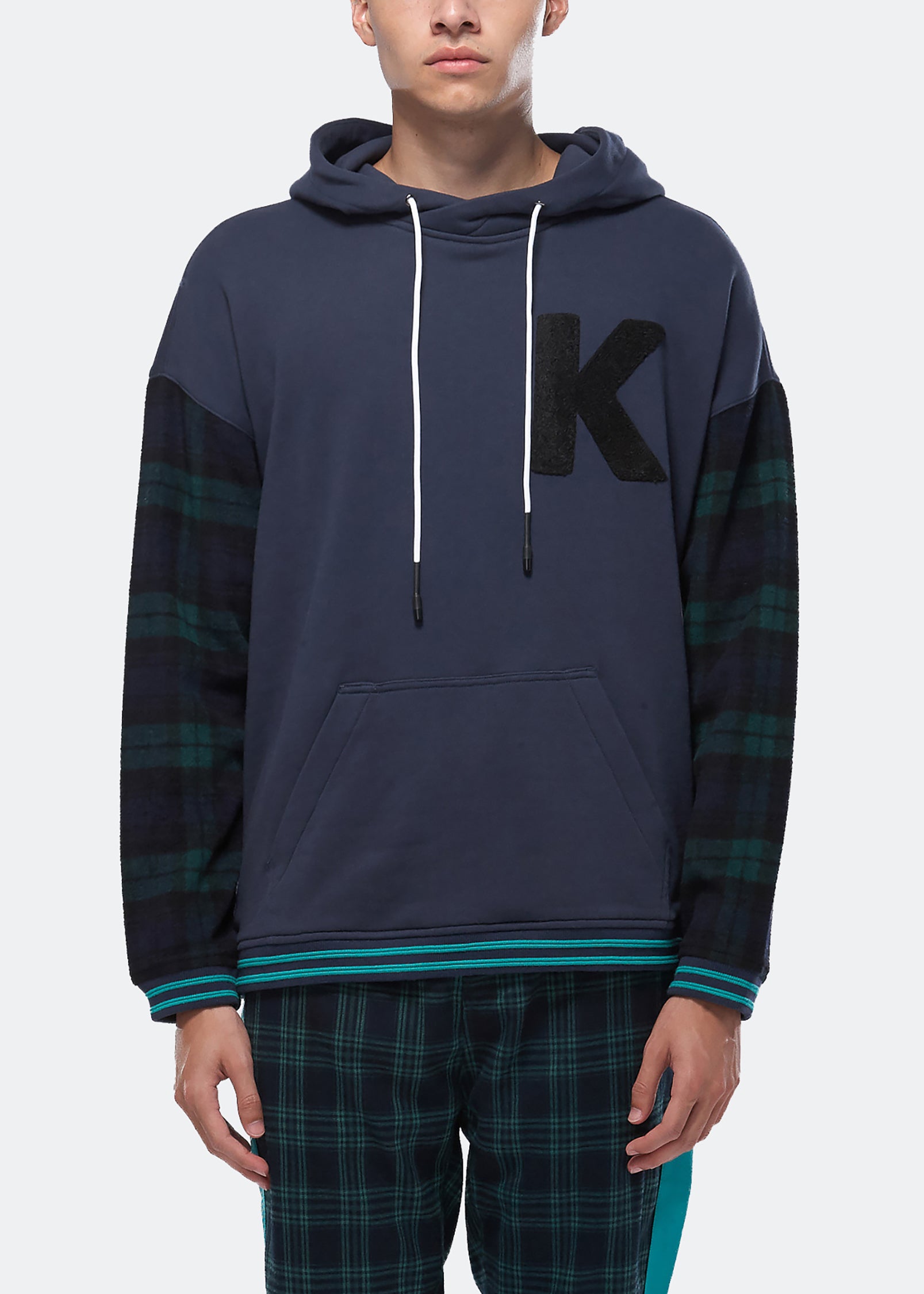 Konus Men s Pullover Hoodie w Wool Blend Plaid Sleeves in Navy