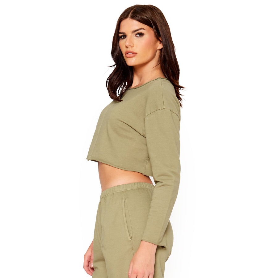 Cropped Scoop Neck Terry Sweatshirt In Olive