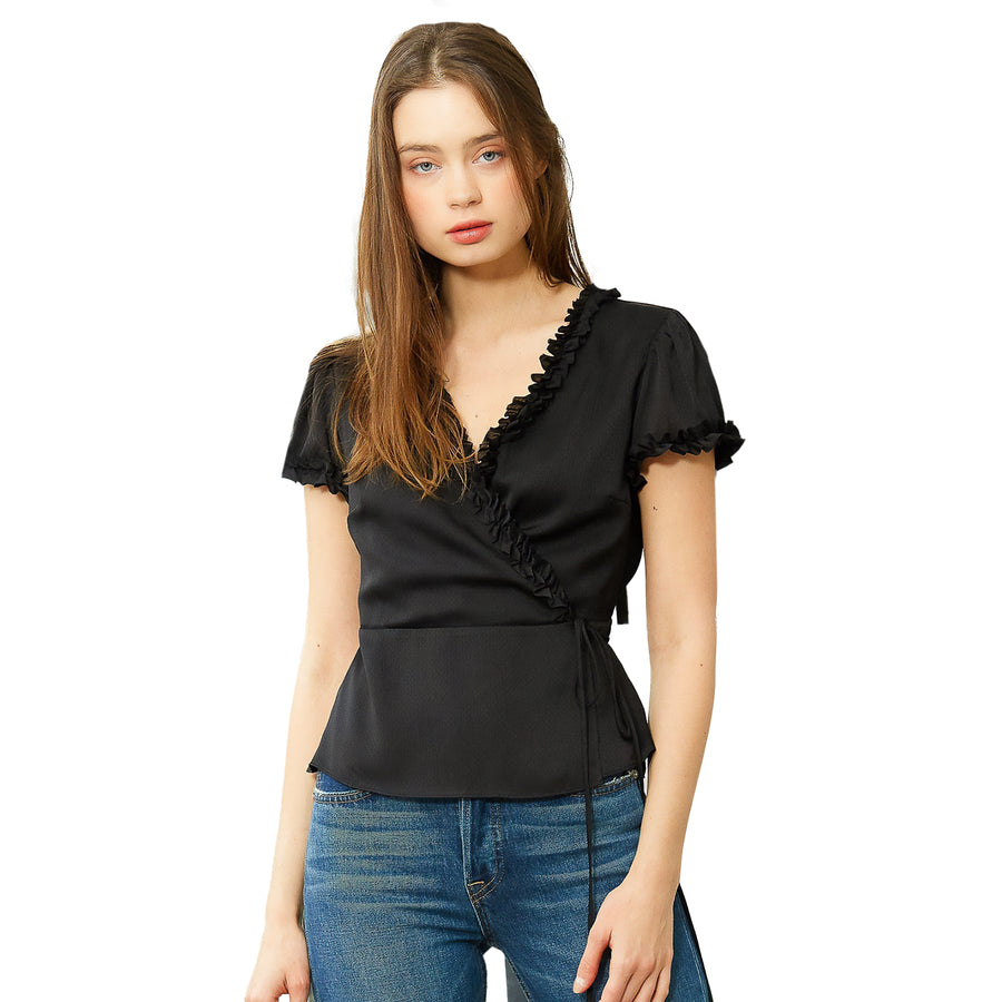 Women's Ruffle Trim Wrap Blouse In Black