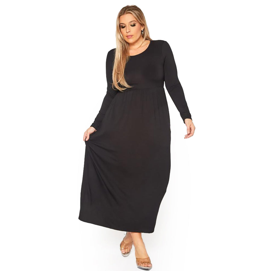 Plus Size Women's Basic Long Sleeve Fit & Flare Maxi Dress