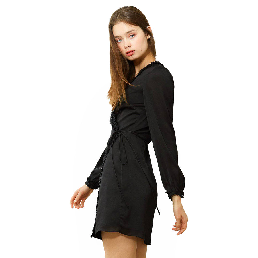 Women's Ruffle Trim Long Sleeve Wrap Dress in Black