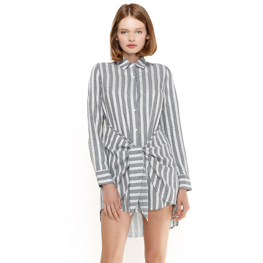 Women's Lace Trim Wrapped Shirt Dress in Ditsy Gingham