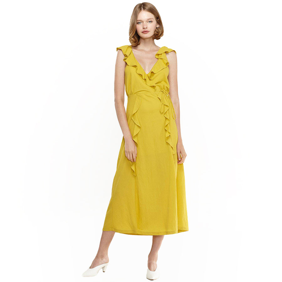 Women's Ruffle Trim Wrapped Maxi Dress in Mustard