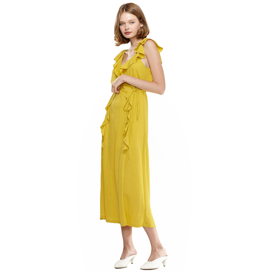 Women's Ruffle Trim Wrapped Maxi Dress in Mustard