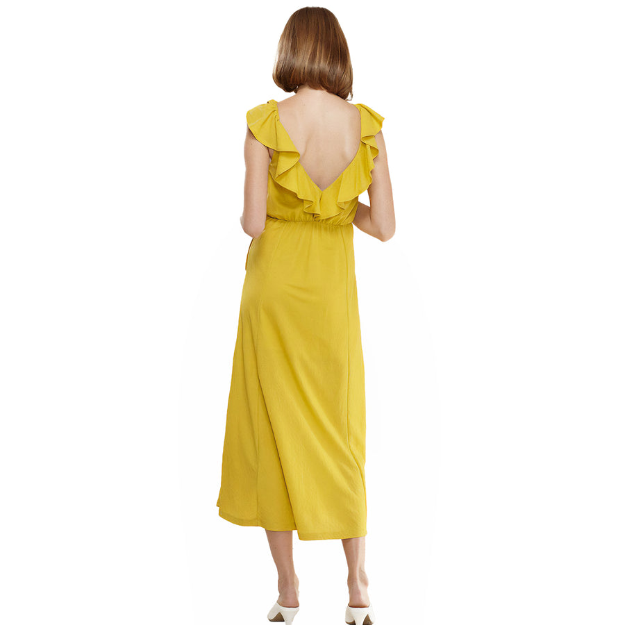 Women's Ruffle Trim Wrapped Maxi Dress in Mustard