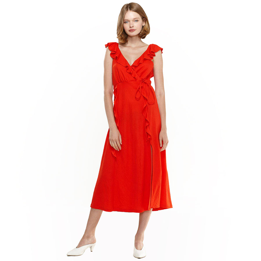 Women's Ruffle Trim Wrapped Maxi Dress in Red