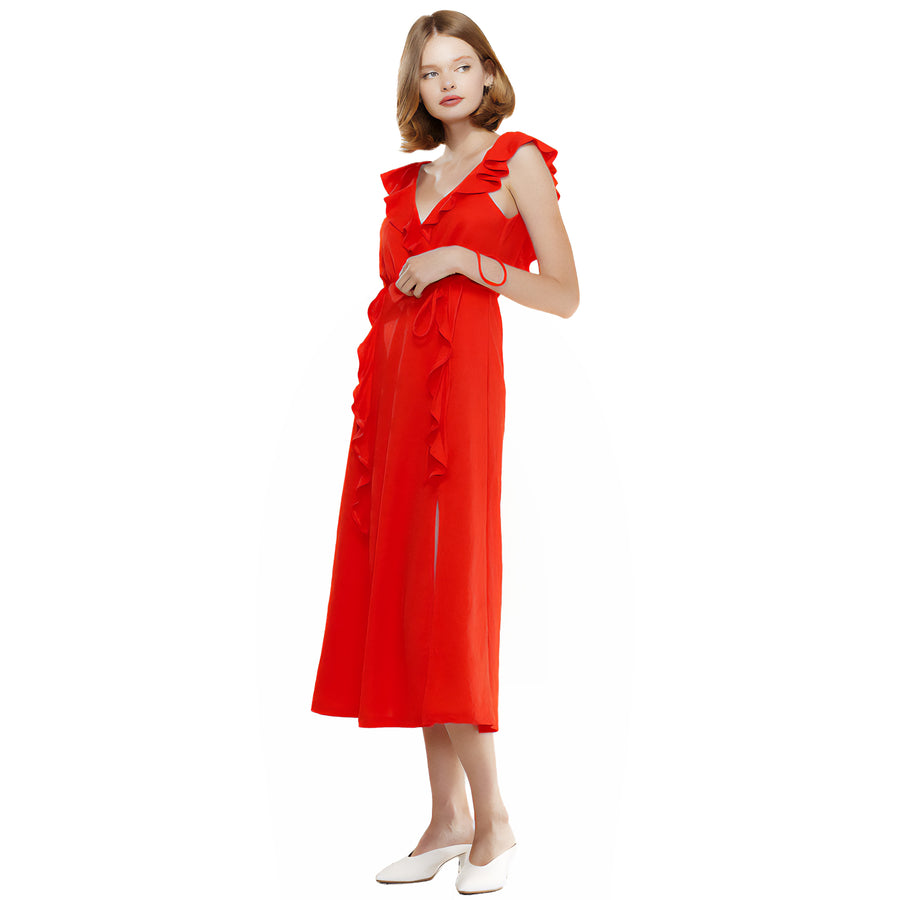 Women's Ruffle Trim Wrapped Maxi Dress in Red