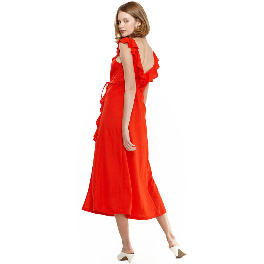 Women's Ruffle Trim Wrapped Maxi Dress in Red