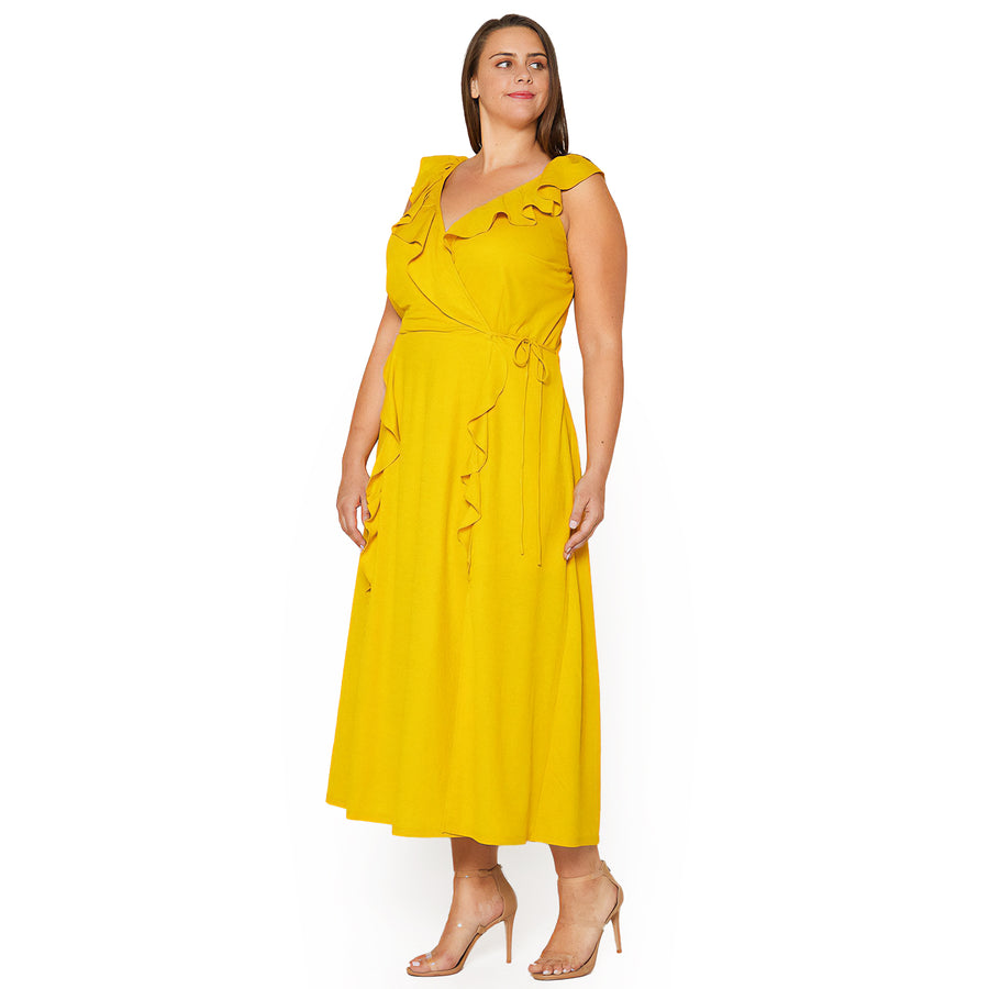 Plus Size Ruffle Trim Wrapped Maxi Dress in Mustard