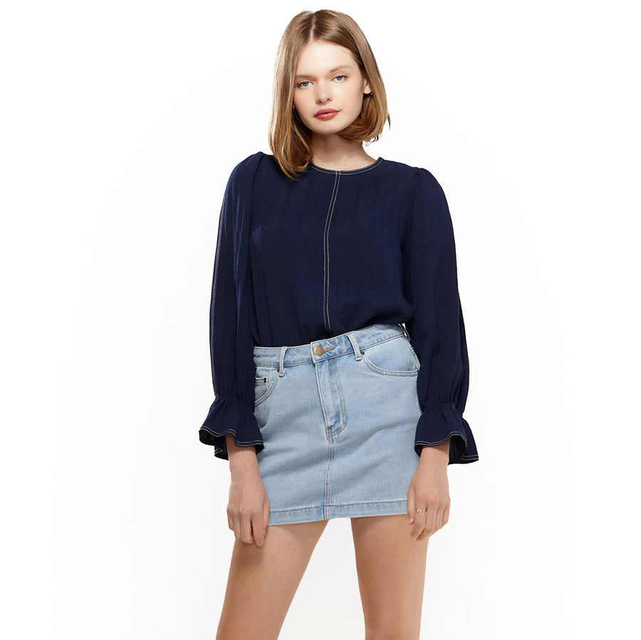 Women's Stitch Accent Puff Shoulder Bell Cuff Top in Navy