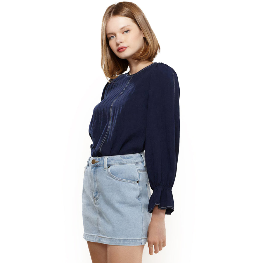 Women's Stitch Accent Puff Shoulder Bell Cuff Top in Navy