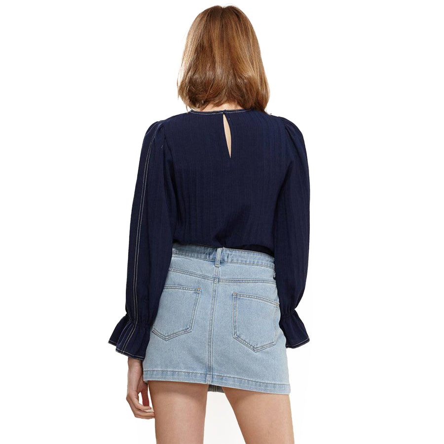 Women's Stitch Accent Puff Shoulder Bell Cuff Top in Navy