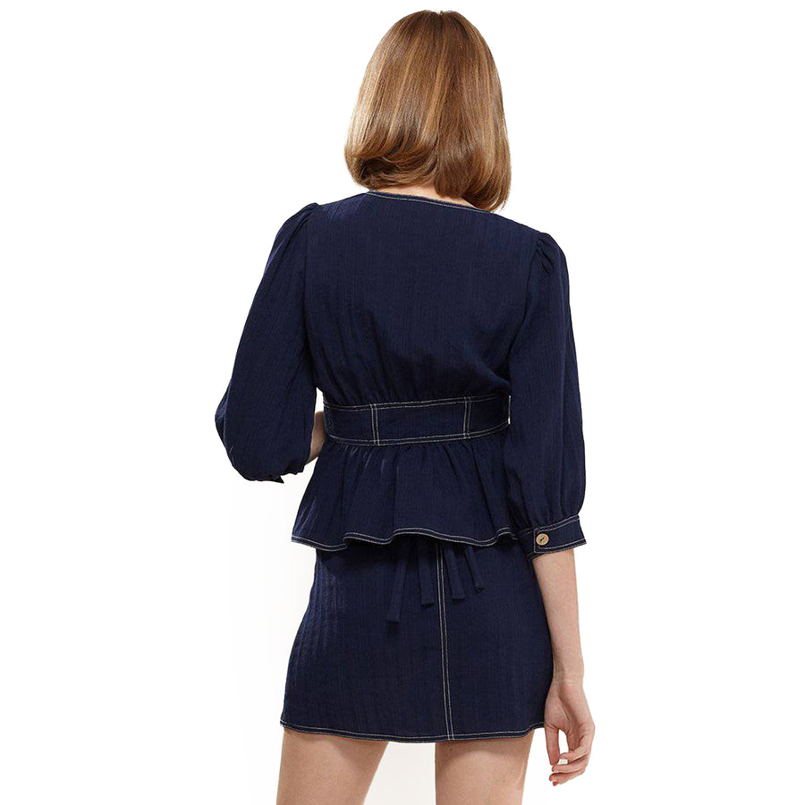 Bishop Shoulder Button Front Peplum Top in Navy