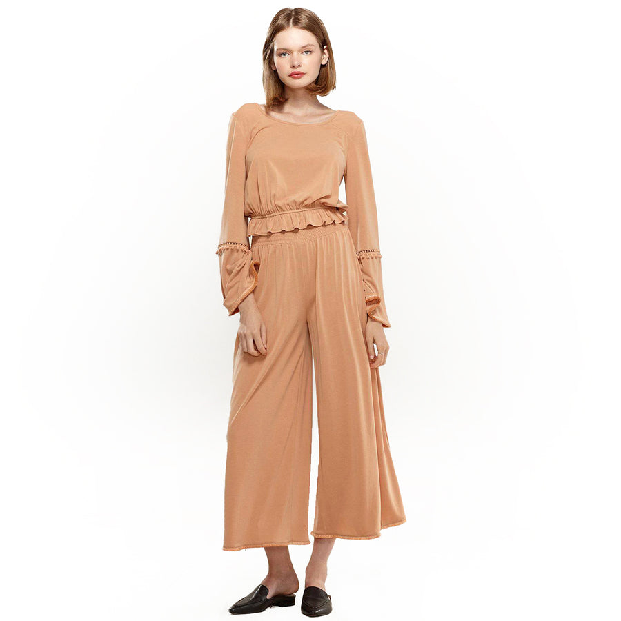 Smocked Waist Wide Leg Palazzo Pants in Apricot