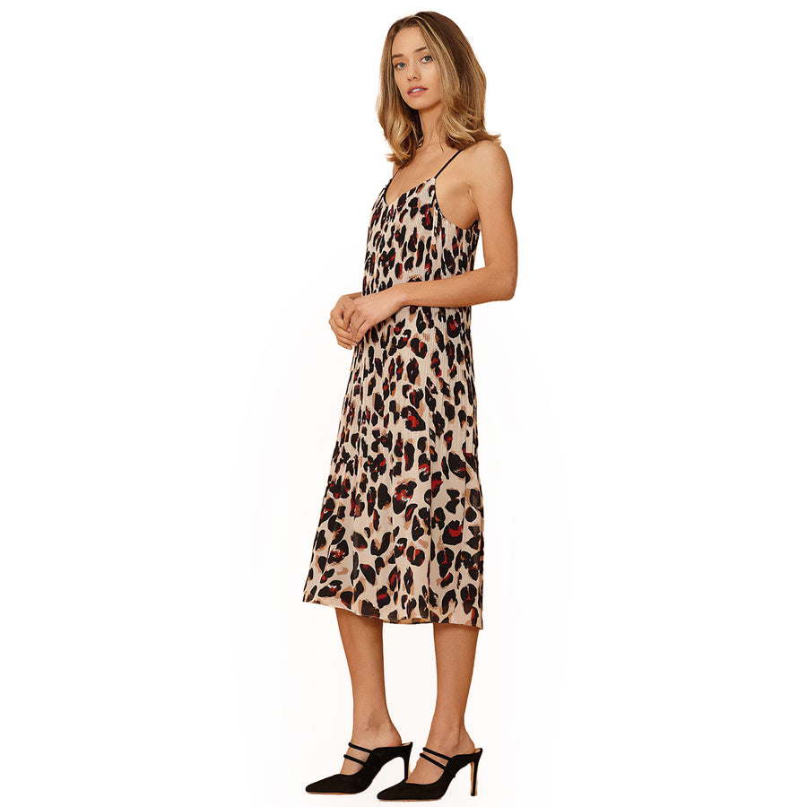 Women's Pleated Cami Dress in Leopard Sketch