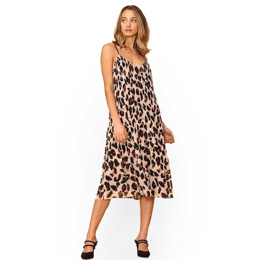 Women's Pleated Cami Dress in Leopard Sketch