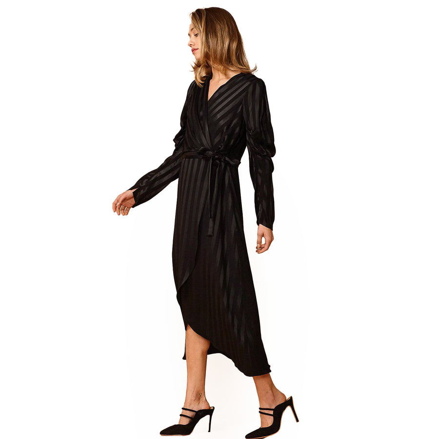Women's Puffy Shoulder Dress in Black Stripe