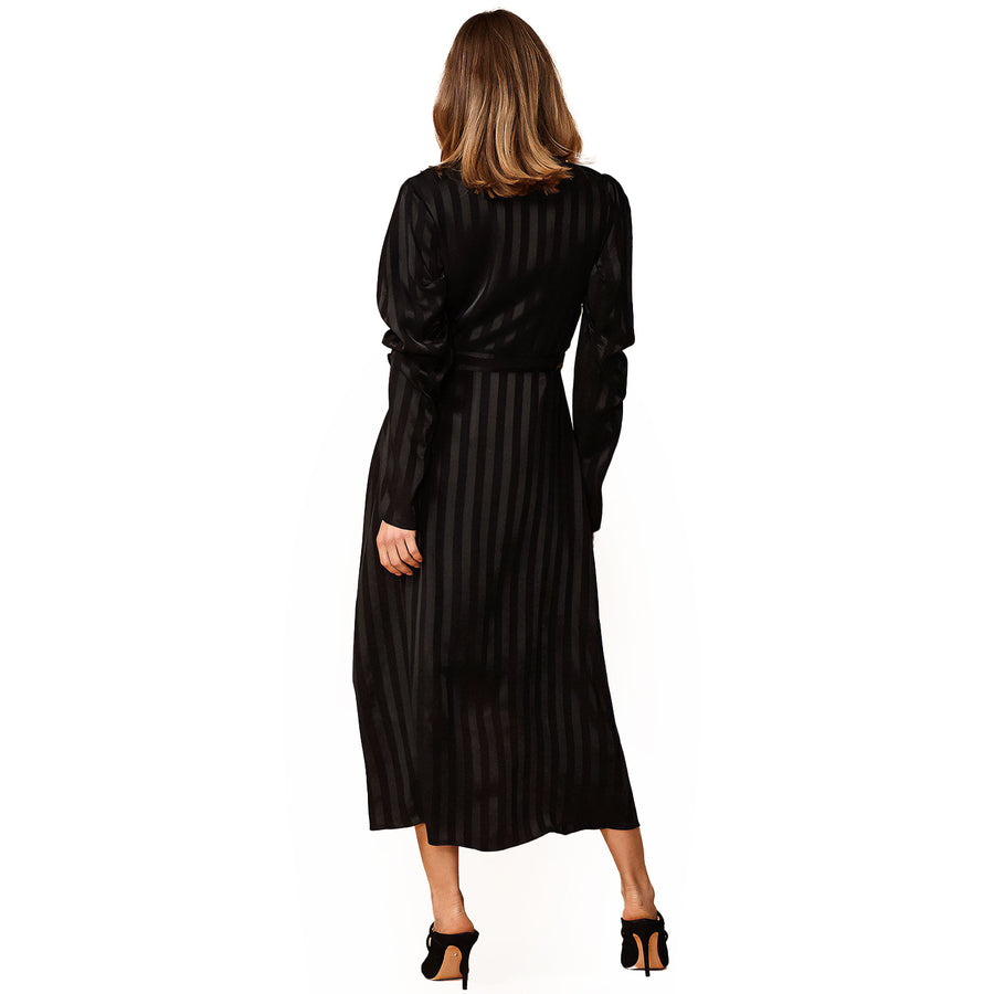 Women's Puffy Shoulder Dress in Black Stripe