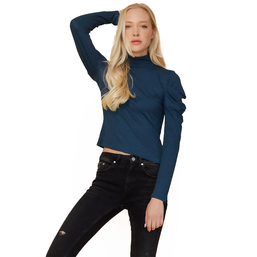 Turtle Neck Puff Sleeve Stripe Knit Top In Teal