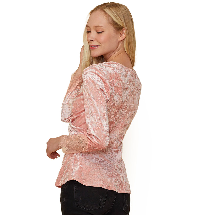 Women's Velvet Wrap Peplum Top In Peach