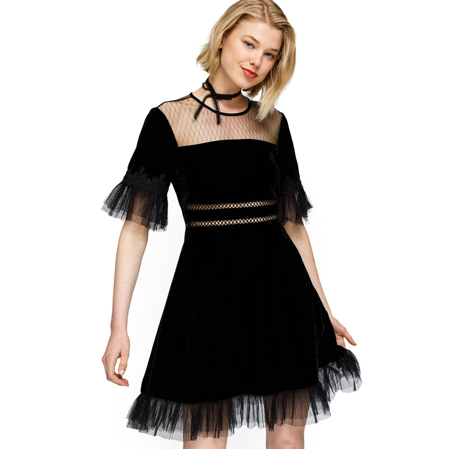 Women's Mesh Contrast Velvet Dress In Black