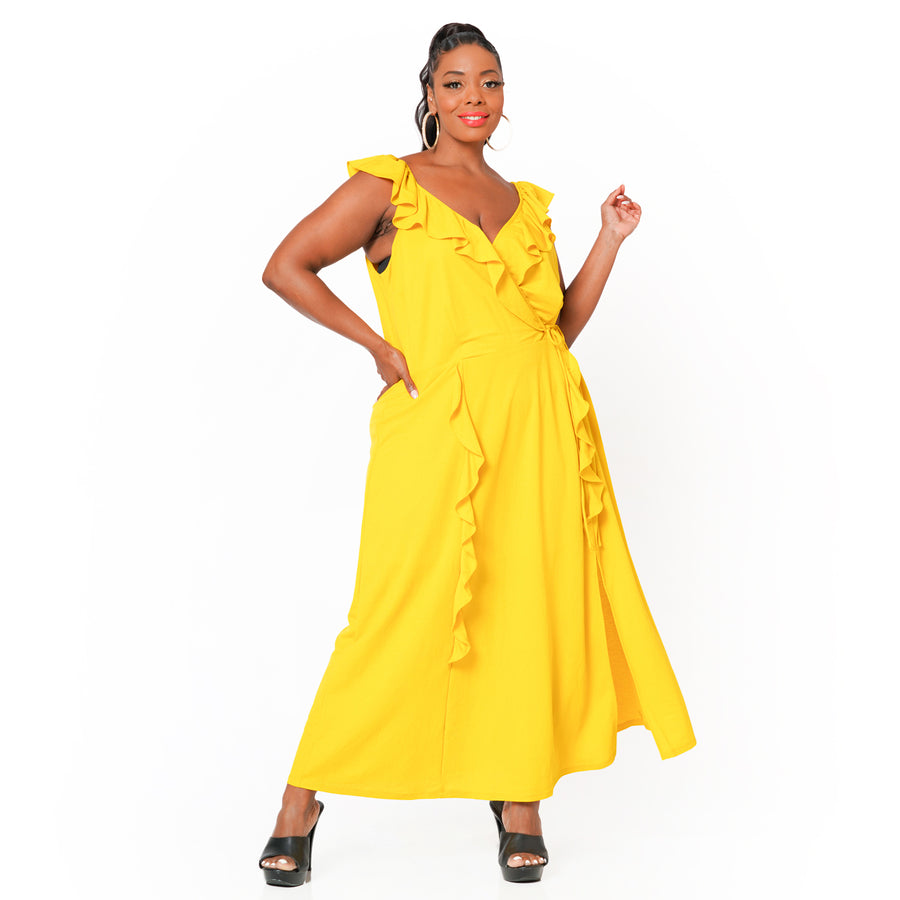 Plus Size Ruffle Trim Wrapped Maxi Dress in Mustard Shop at Konus