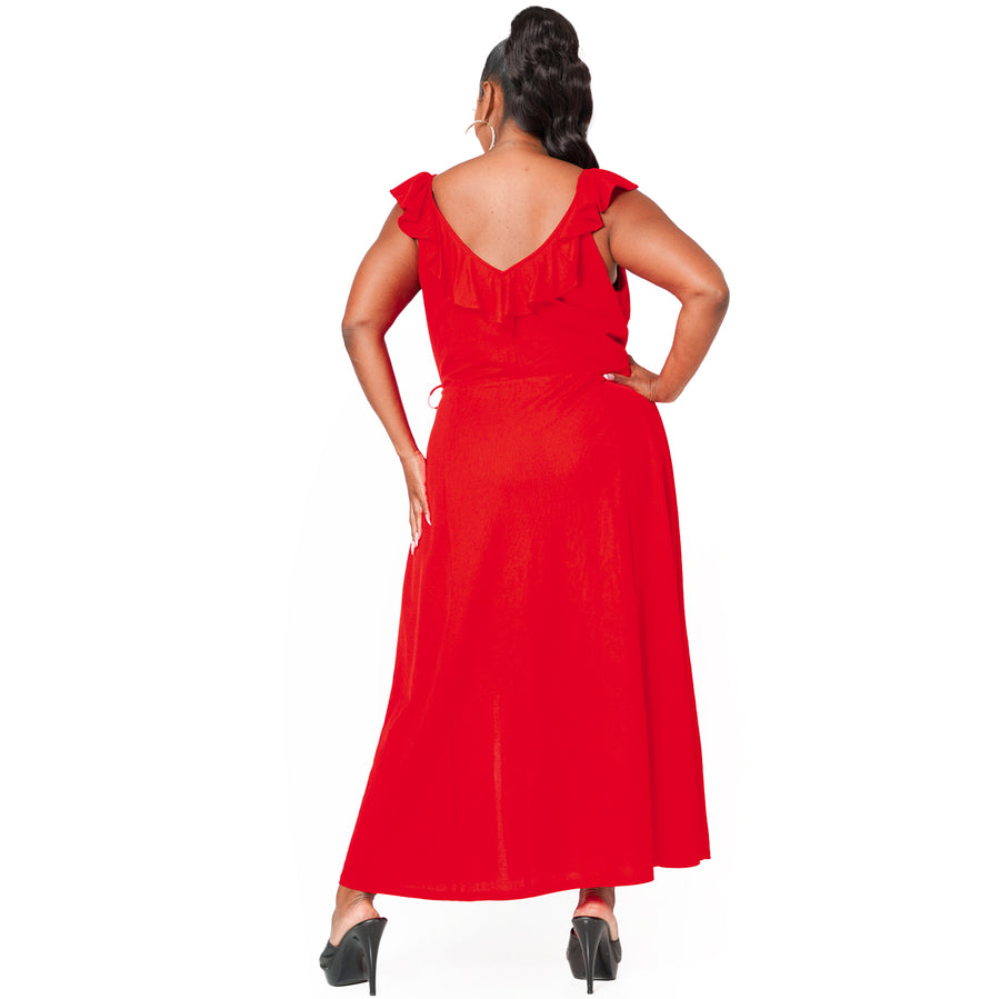 Vestido largo cruzado con ribete de volantes de talla grande en rojo