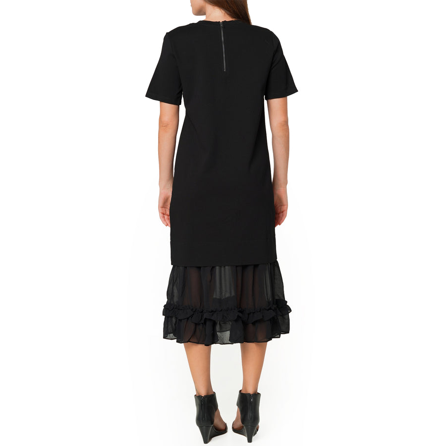 Sheer Contrast Ruffle Hem Midi Dress In Black