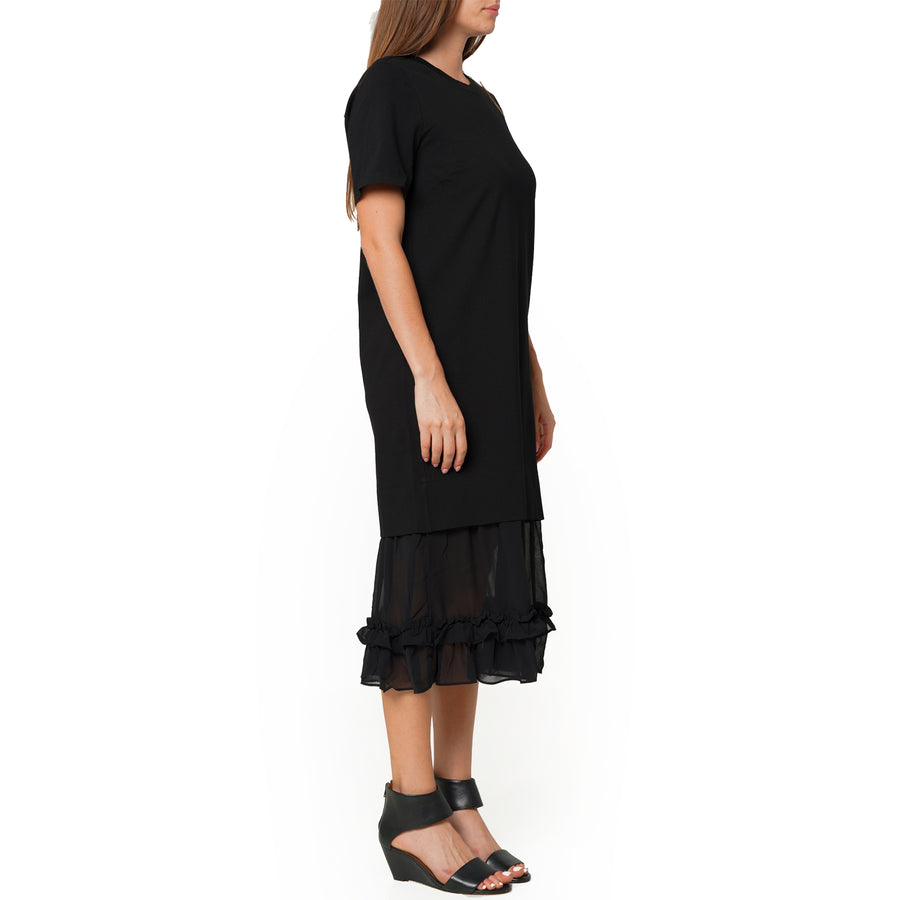 Sheer Contrast Ruffle Hem Midi Dress In Black