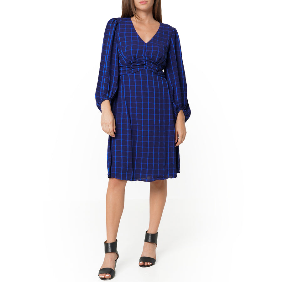 V-neck Checkered Dress in Night Plaid