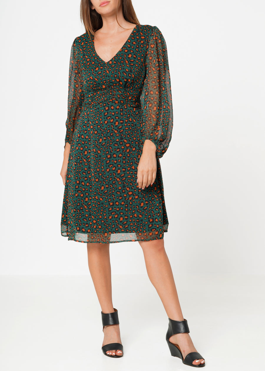 Women's V-neck Midi Dress in Leopard Hunt