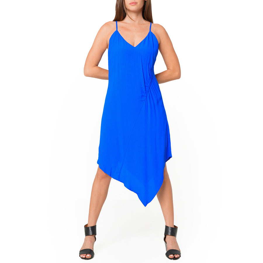 Solid Asymmetrical Hem V-neck Dress in Blue