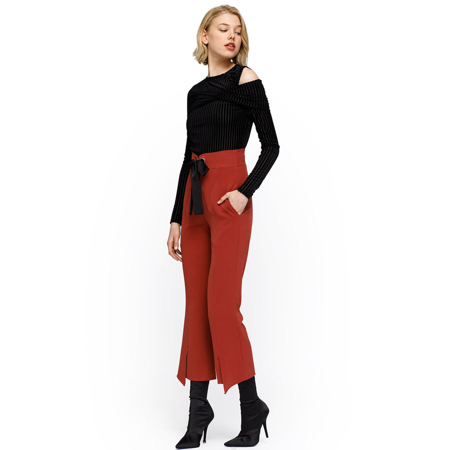 Women's High Waist Front Slit Trouser In Ruby