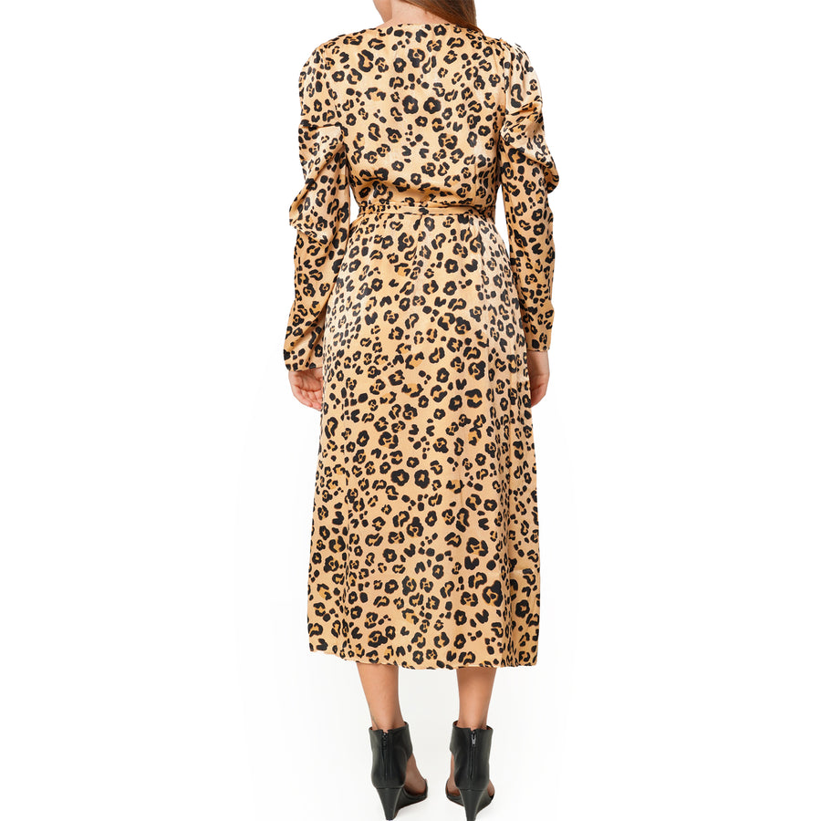 Women's Print Puffy Shoulder Dress in Brown Leopard