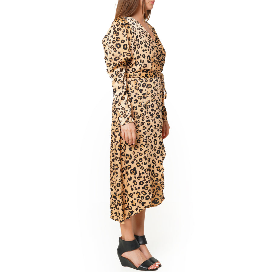 Women's Print Puffy Shoulder Dress in Brown Leopard