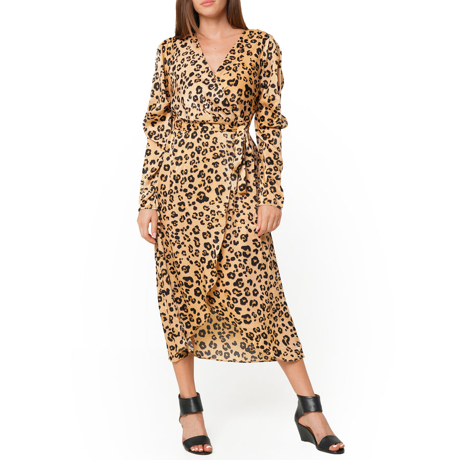 Women's Print Puffy Shoulder Dress in Brown Leopard