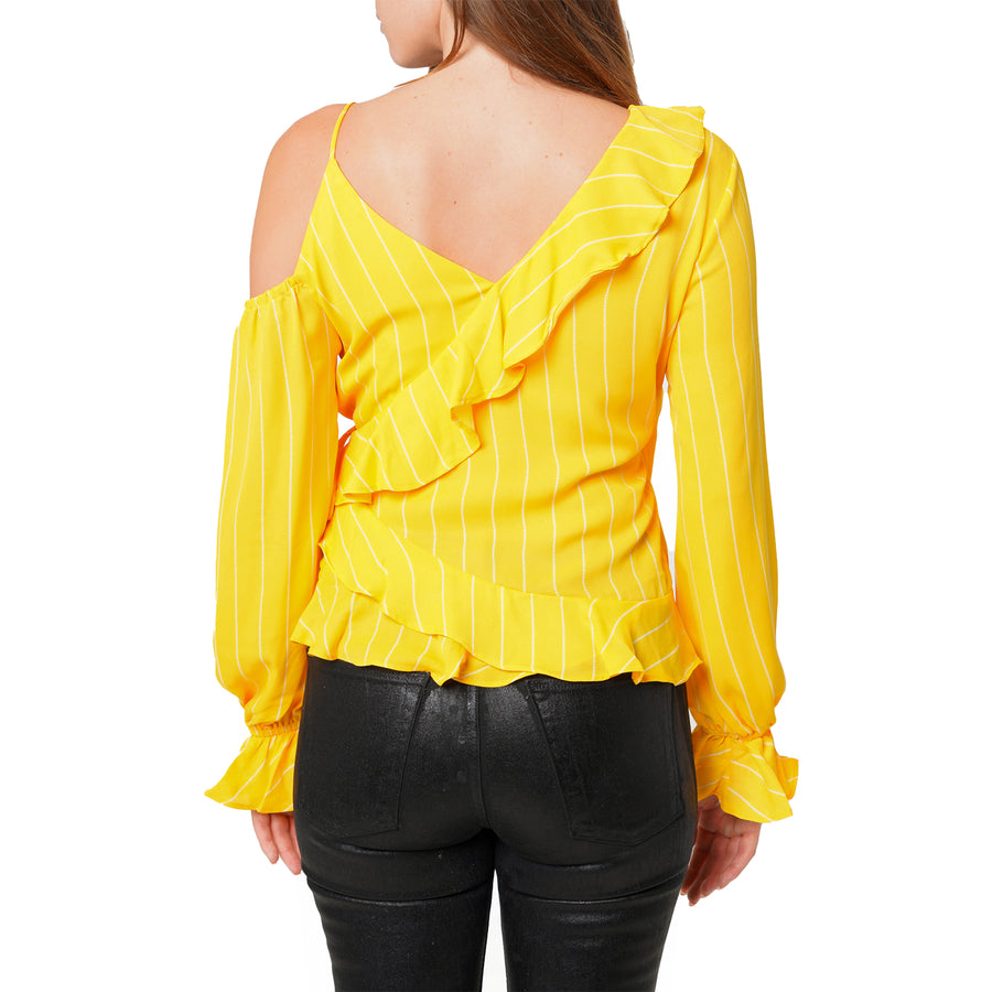 Blusa con volantes y hombros asimétricos para mujer en amarillo