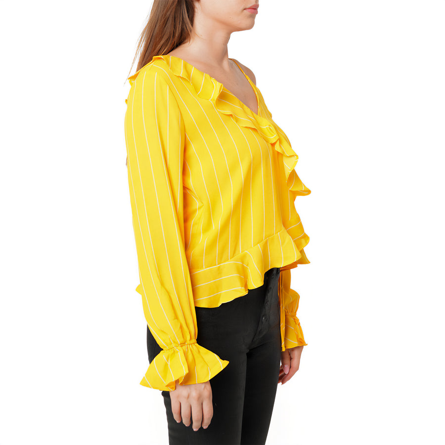 Blusa con volantes y hombros asimétricos para mujer en amarillo