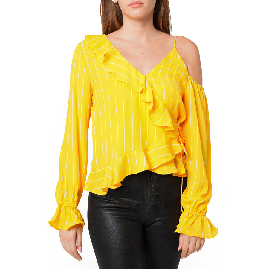 Blusa con volantes y hombros asimétricos para mujer en amarillo