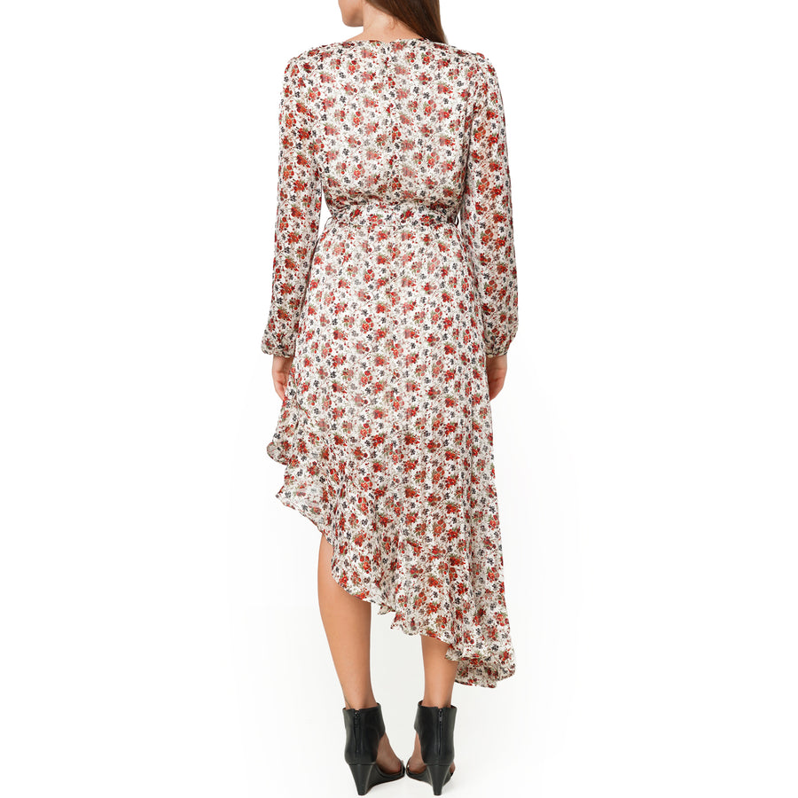 Floral Asymmetrical Ruffle Hem Wrap Dress In Victoria Garden