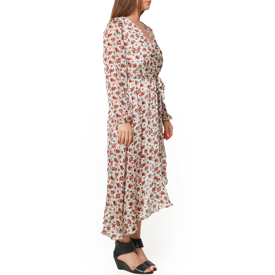 Floral Asymmetrical Ruffle Hem Wrap Dress In Victoria Garden