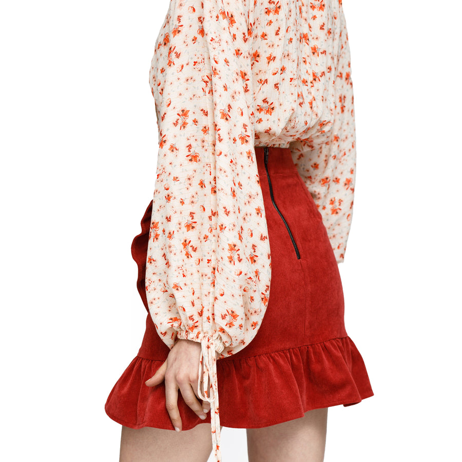 Floral Wrap Front Crop Blouse In Coral Gold