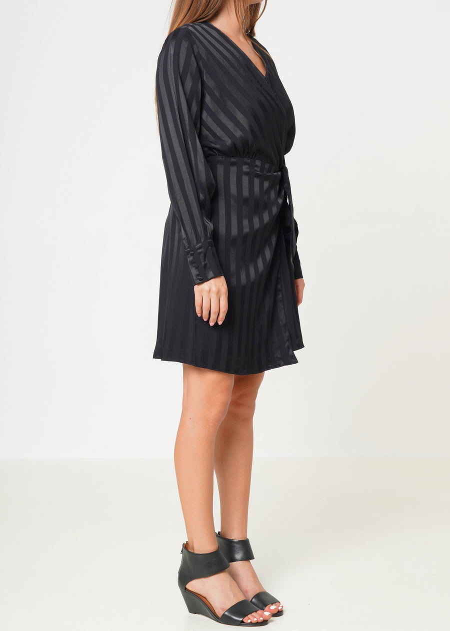 Stripe Satin Long Sleeve Mini Dress in Black