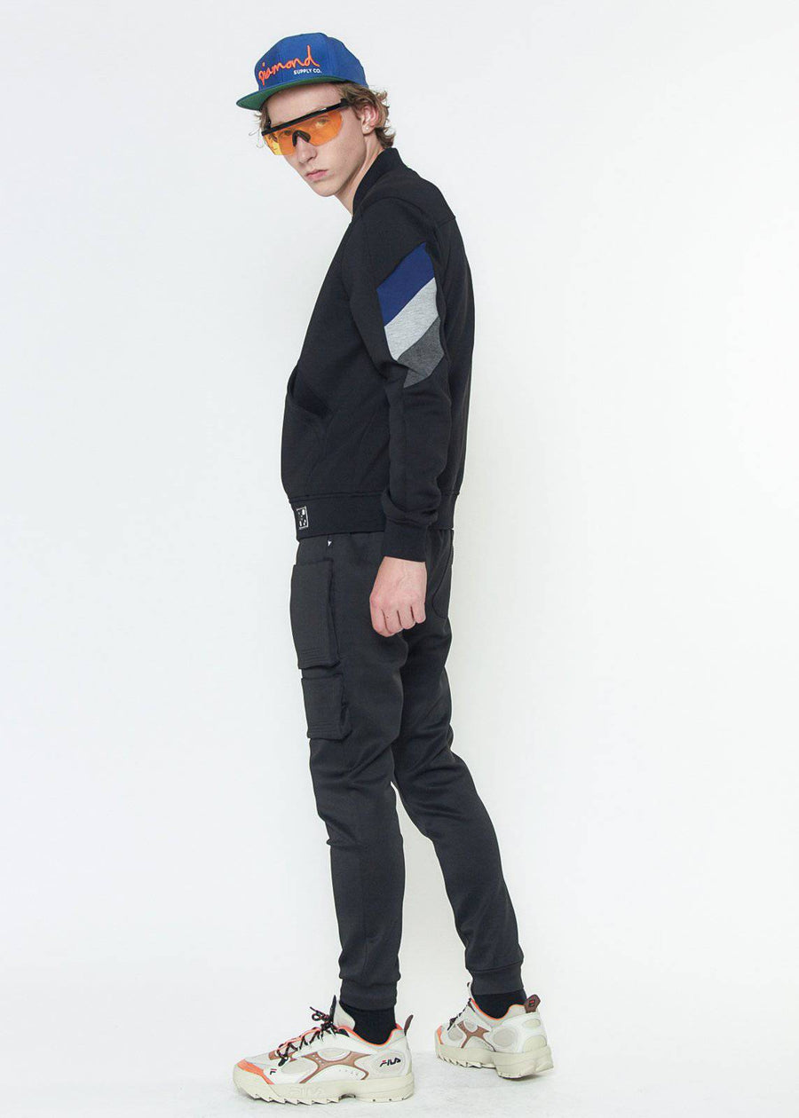 Konus Men's Bomber Jacket in Scuba Fabric With Color Blocking on Sleeves in Black - shopatkonus