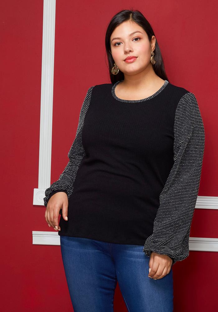 Plus Size Ribbed Round Neck Holiday Top - shopatkonus