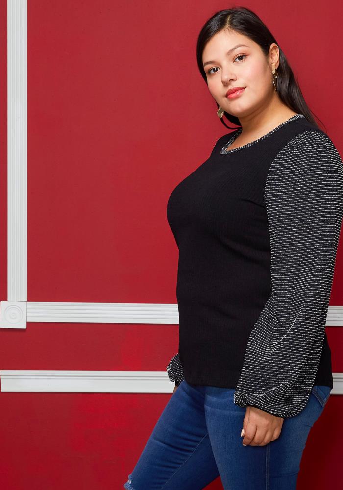 Plus Size Ribbed Round Neck Holiday Top - shopatkonus