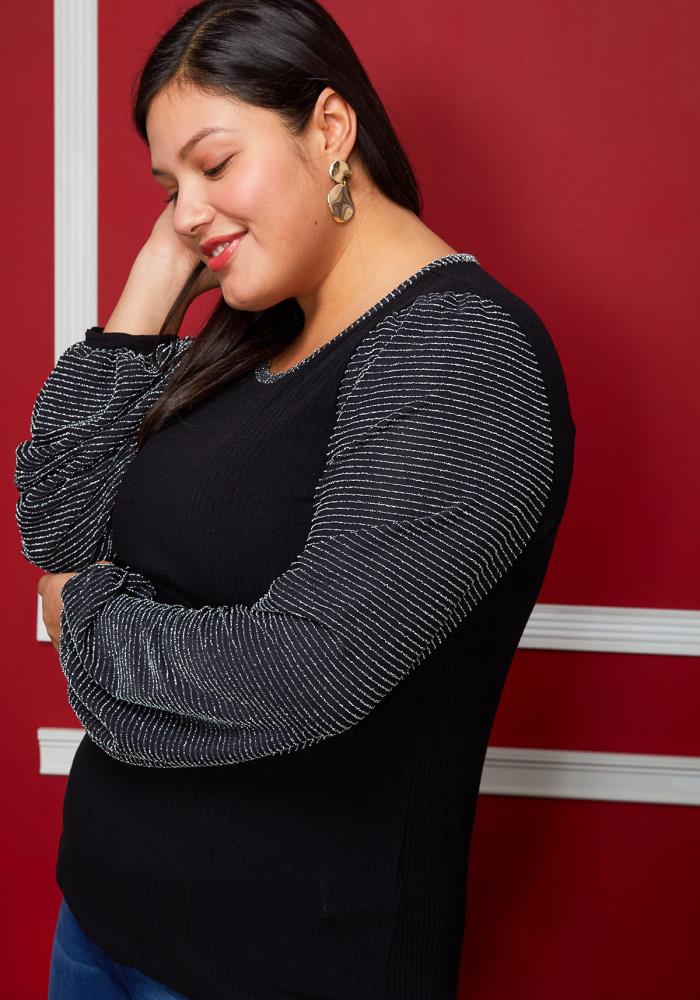 Plus Size Ribbed Round Neck Holiday Top - shopatkonus