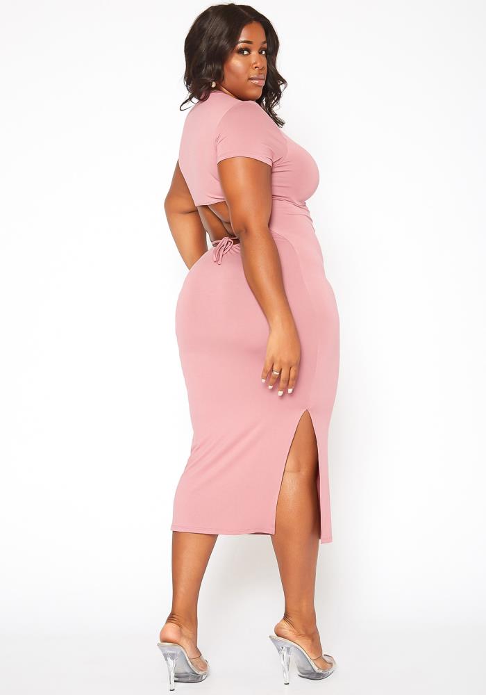 Plus Size Women's Open Back Bodycon Midi Dress - shopatkonus