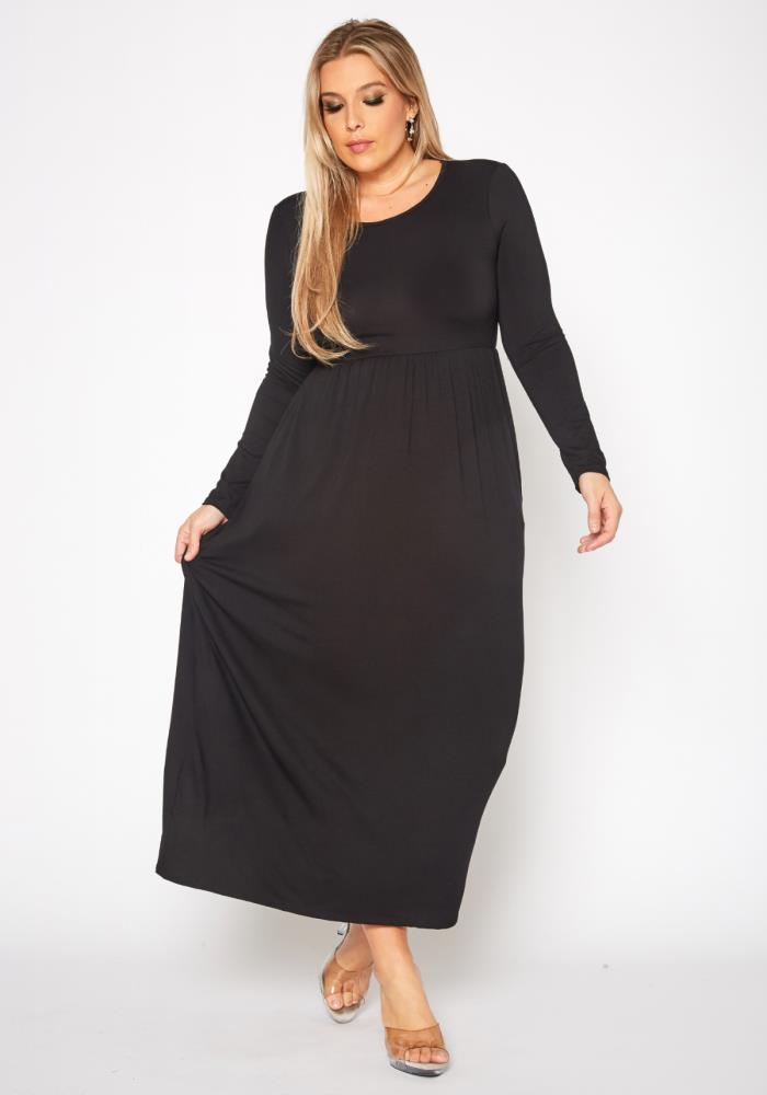 Plus Size Women's Basic Long Sleeve Fit & Flare Maxi Dress - shopatkonus